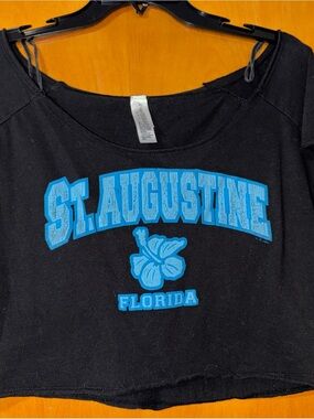 St. Augustine Florida Black Crop Tee with Blue Graphic